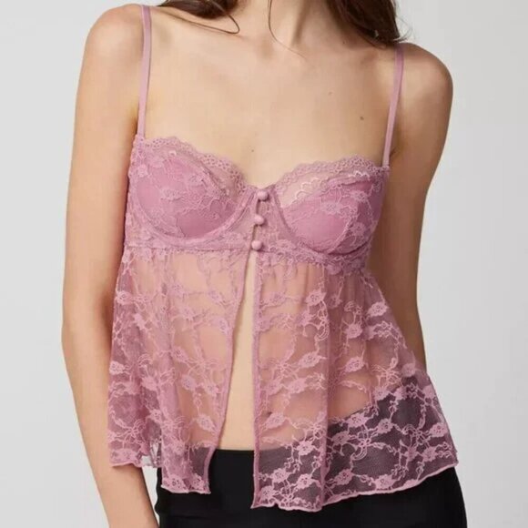 NWT UO Out From Under Cherie Sheer Lace Pink Babydoll Cami - Picture 2 of 5